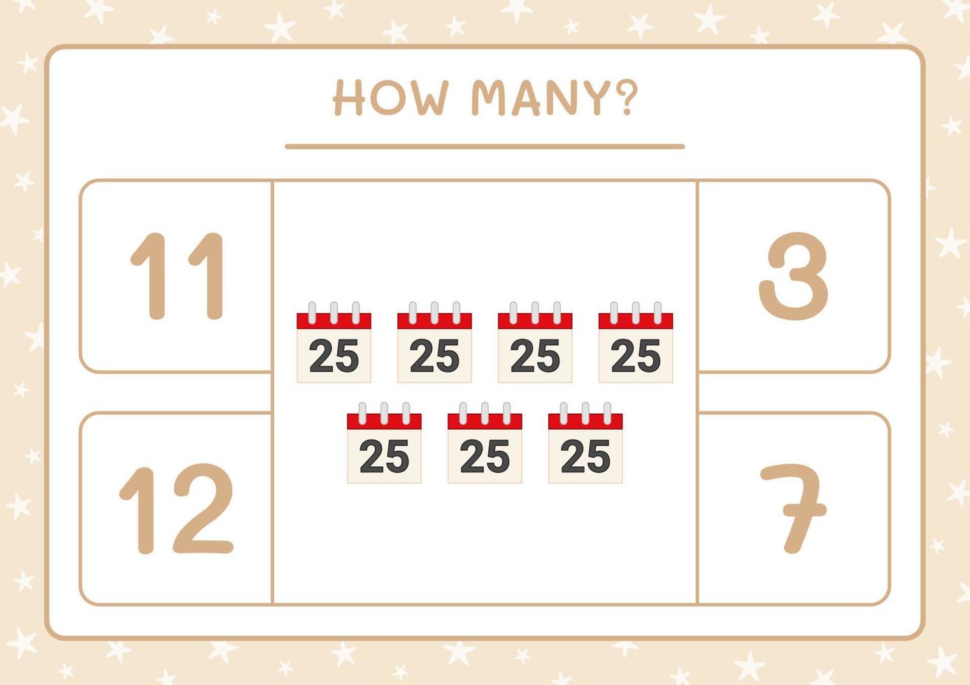 How many christmas calendar, game for children. Vector illustration, printable worksheet