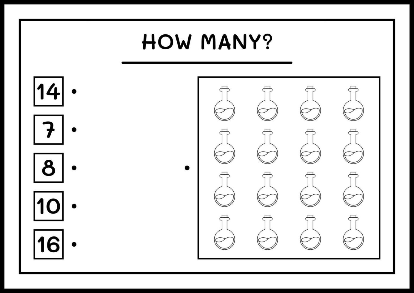 cuantas botellas de pociones, juegos para niños. ilustración vectorial, hoja de cálculo imprimible vector