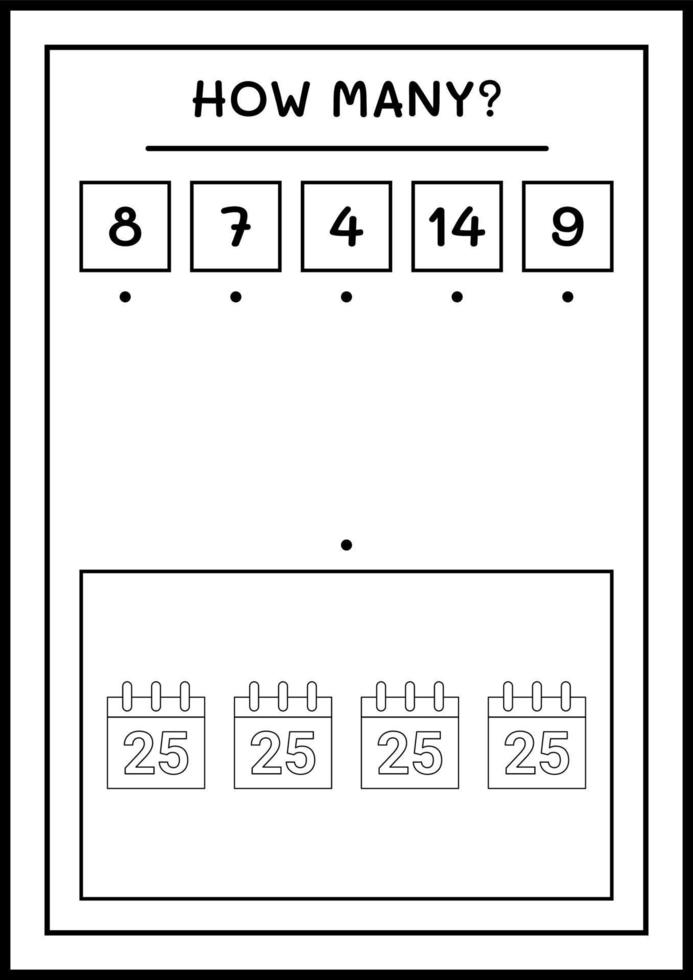 How many christmas calendar, game for children. Vector illustration, printable worksheet