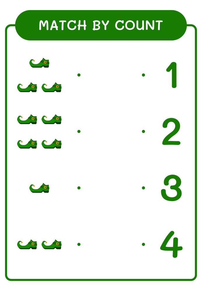 Match by count of Leprechaun boot, game for children. Vector illustration, printable worksheet