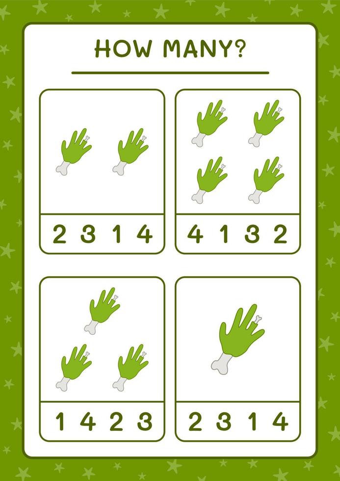 How many Zombie Hand, game for children. Vector illustration, printable worksheet