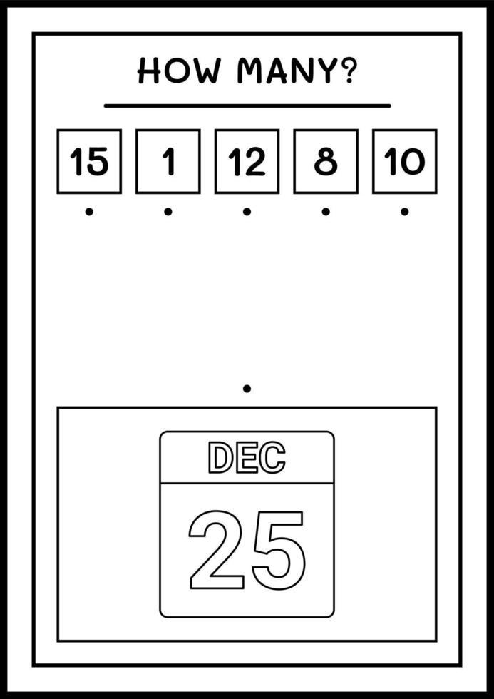 How many christmas calendar, game for children. Vector illustration, printable worksheet