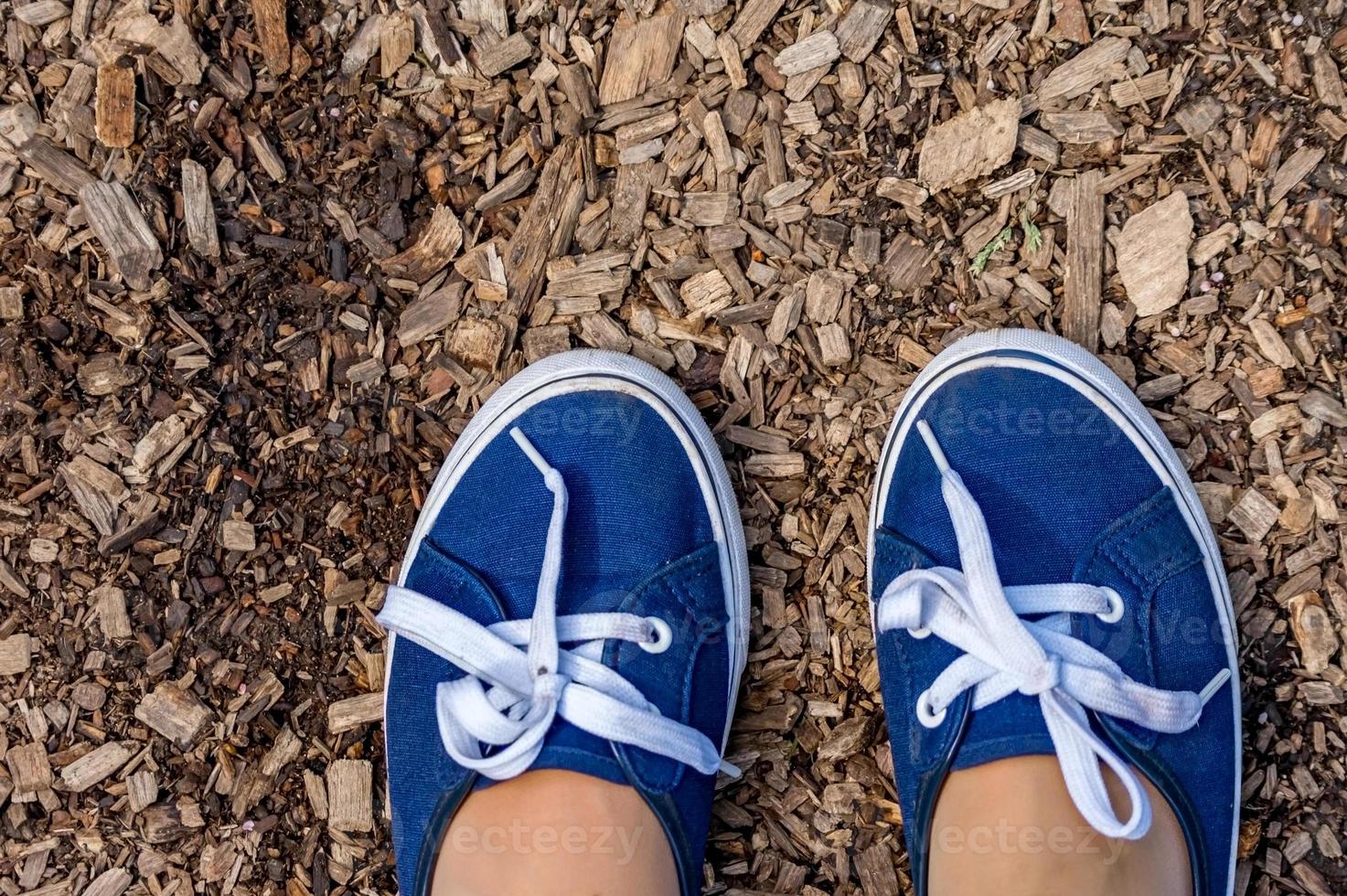 woman feet in blue and white sneakers. photo