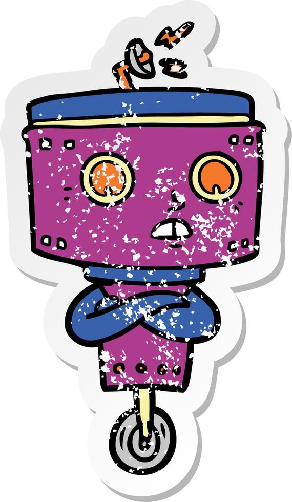 distressed sticker of a cartoon robot with crossed arms vector