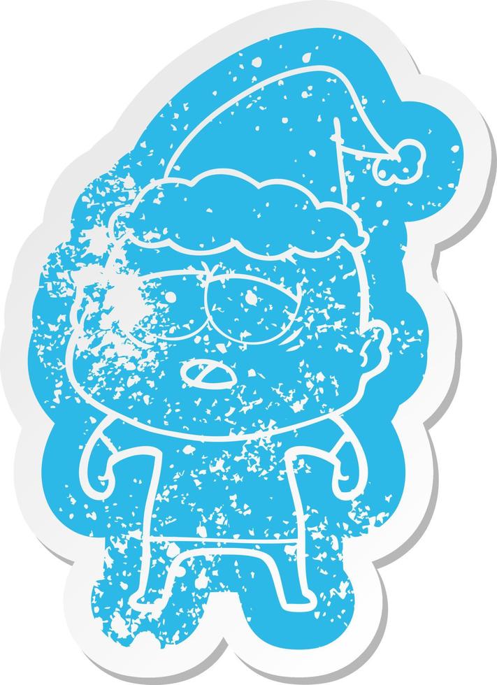 cartoon distressed sticker of a tired bald man wearing santa hat vector