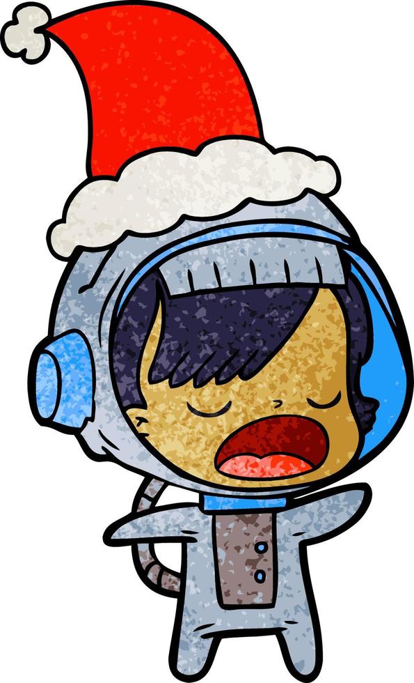 textured cartoon of a talking astronaut woman wearing santa hat vector