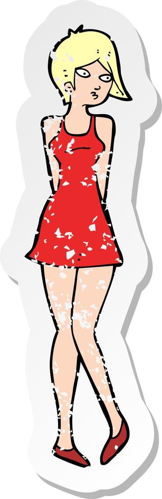 retro distressed sticker of a cartoon pretty woman in dress vector