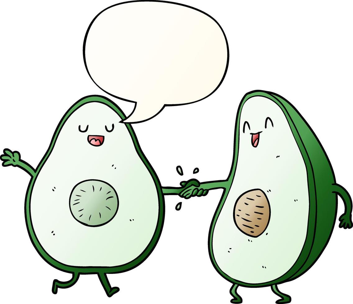 cartoon dancing avocados and speech bubble in smooth gradient style vector