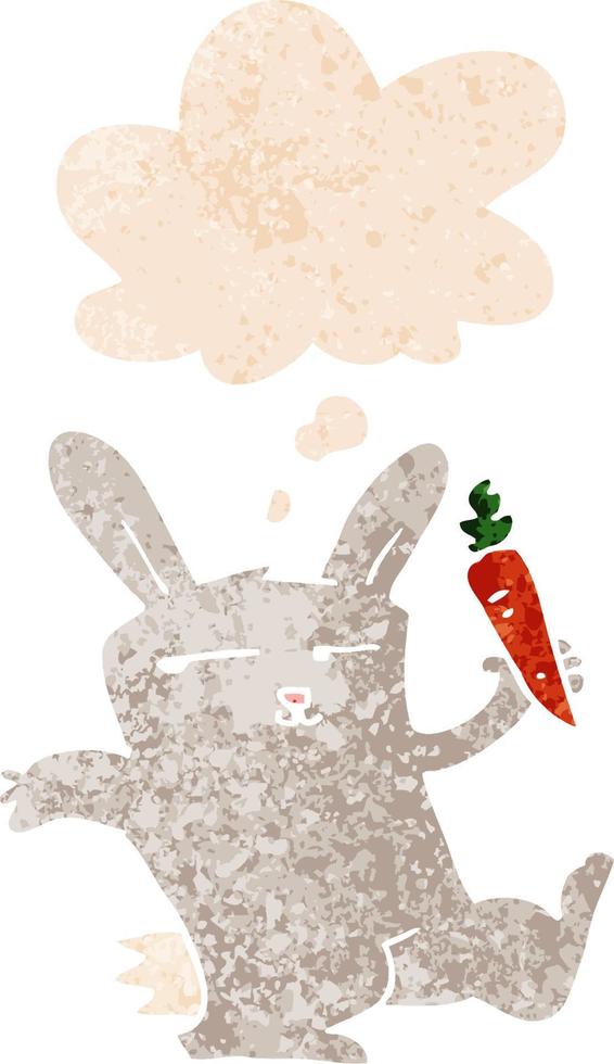 cartoon rabbit with carrot and thought bubble in retro textured style vector