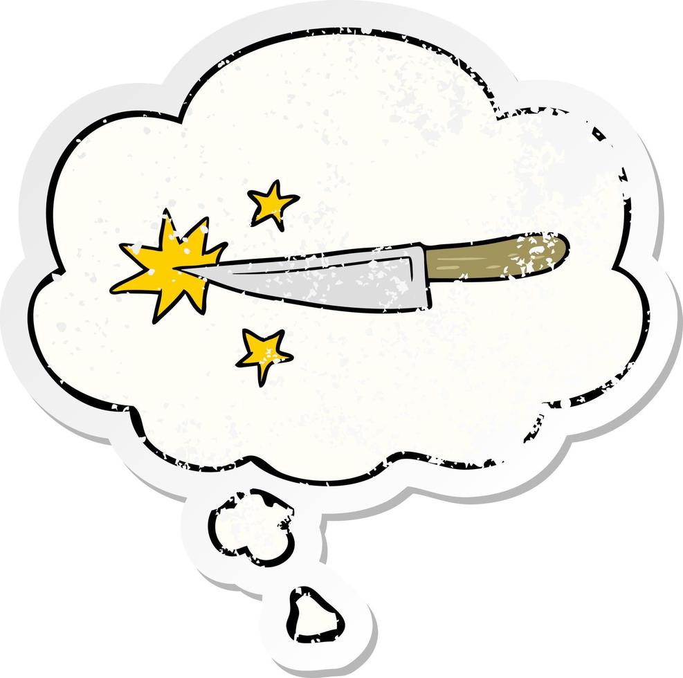 cartoon sharp kitchen knife and thought bubble as a distressed worn sticker vector