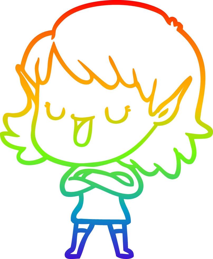 rainbow gradient line drawing cartoon elf girl vector