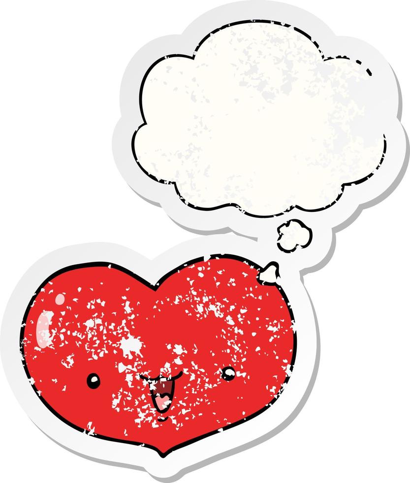 cartoon love heart character and thought bubble as a distressed worn sticker vector