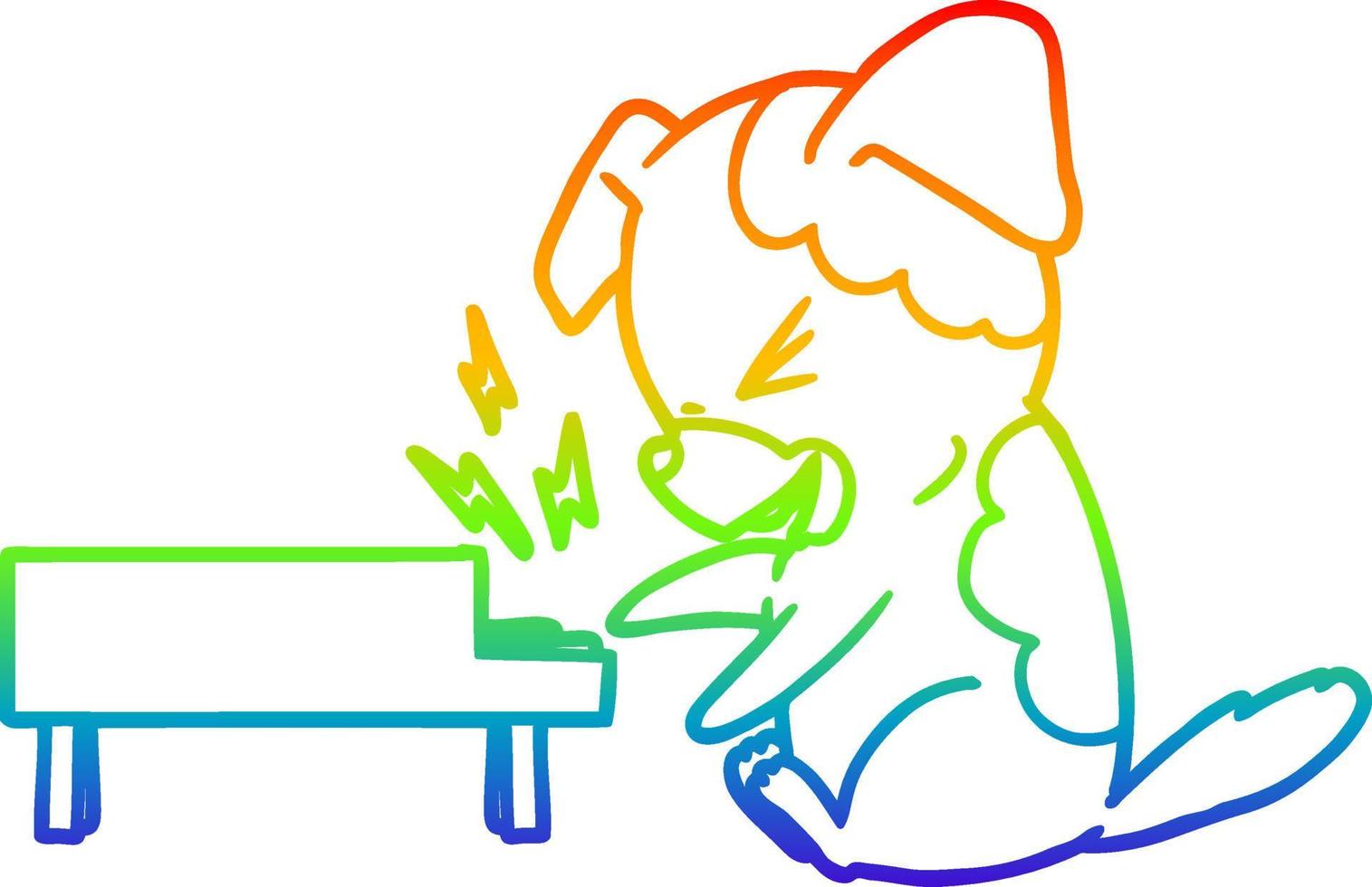 rainbow gradient line drawing cartoon dog rocking out on piano vector