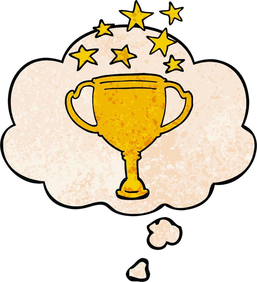 cartoon sports trophy and thought bubble in grunge texture pattern style vector