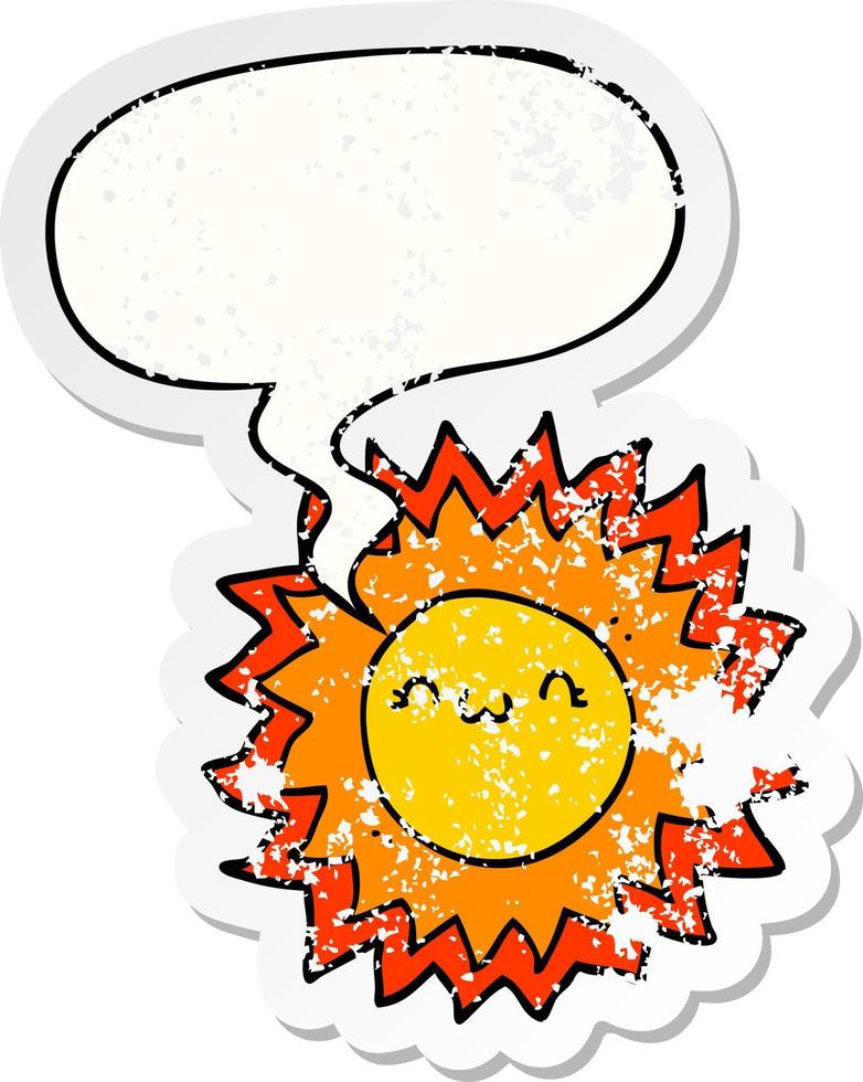 cartoon sun and speech bubble distressed sticker vector