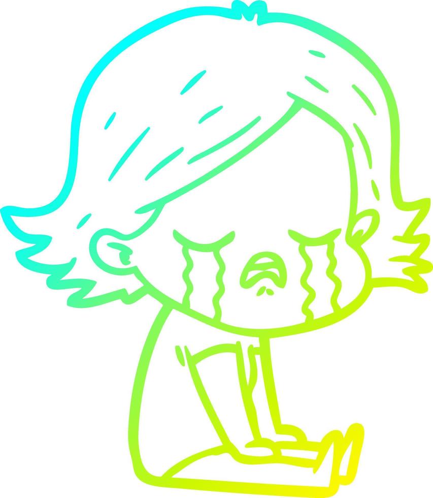 cold gradient line drawing cartoon girl crying sat on floor vector