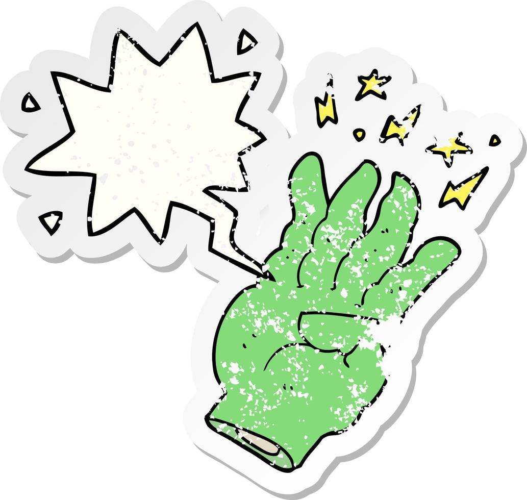 cartoon spooky magic hand and speech bubble distressed sticker vector