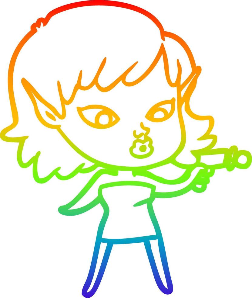rainbow gradient line drawing pretty cartoon girl with ray gun vector