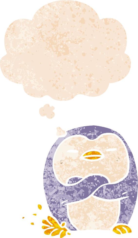 cartoon penguin tapping foot and thought bubble in retro textured style vector