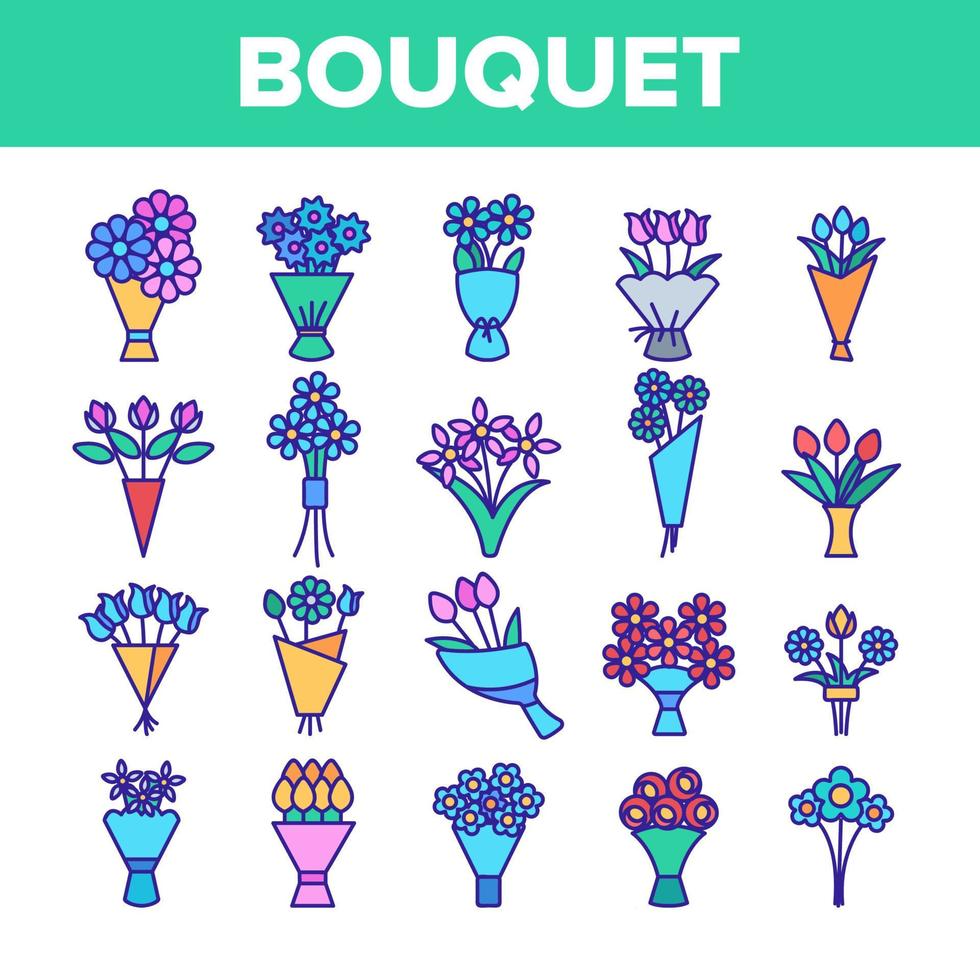 Bouquets, Bunches Of Flowers Vector Icons Set