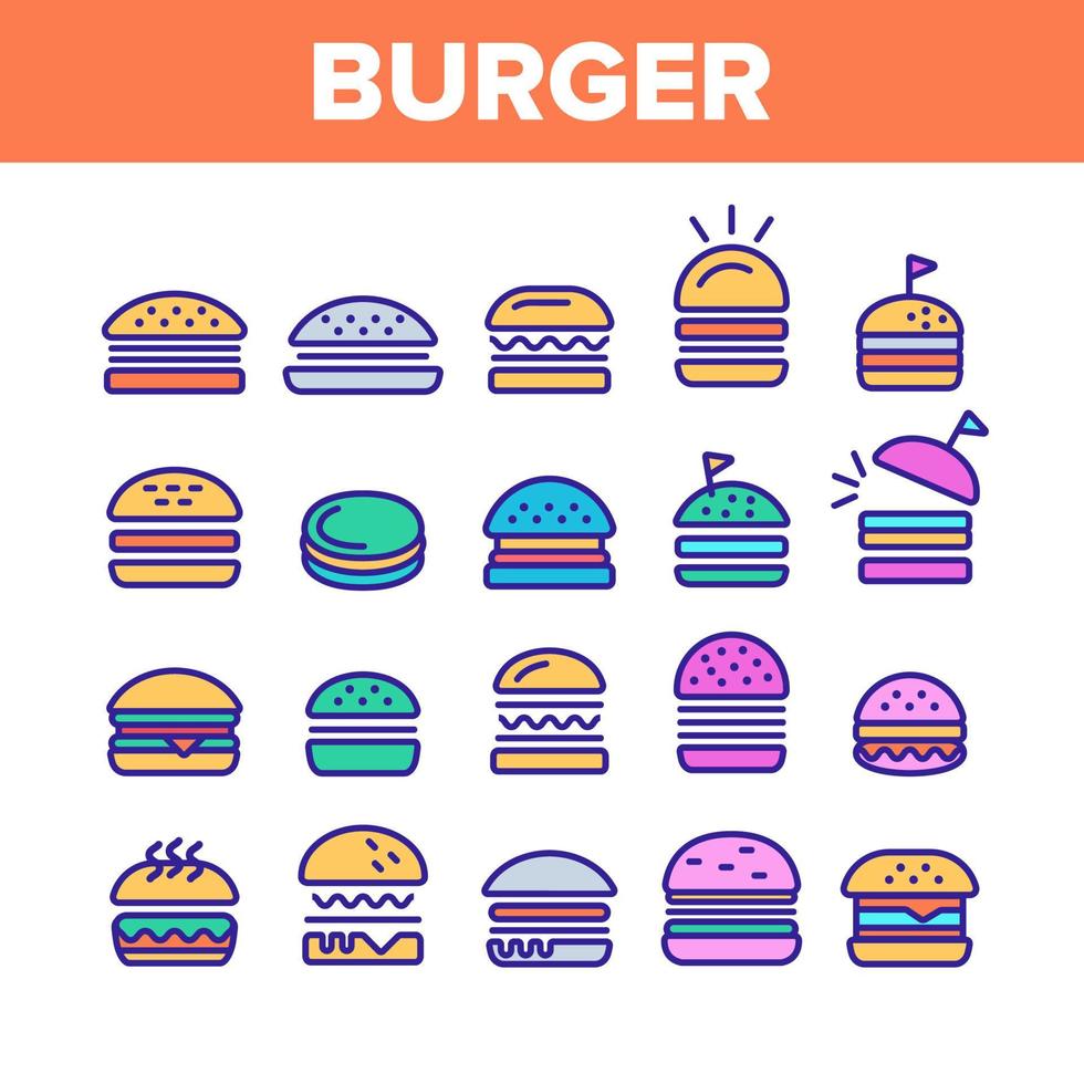 color, delicioso, hamburguesa, señal, iconos, conjunto, vector