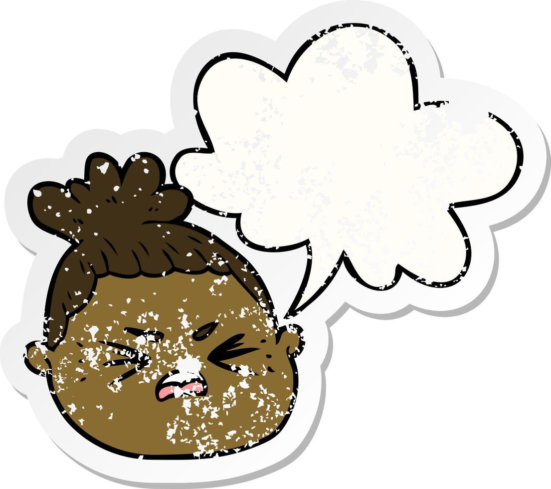 cartoon female face and speech bubble distressed sticker vector