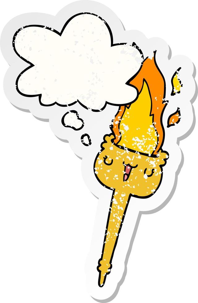 cartoon flaming torch and thought bubble as a distressed worn sticker vector