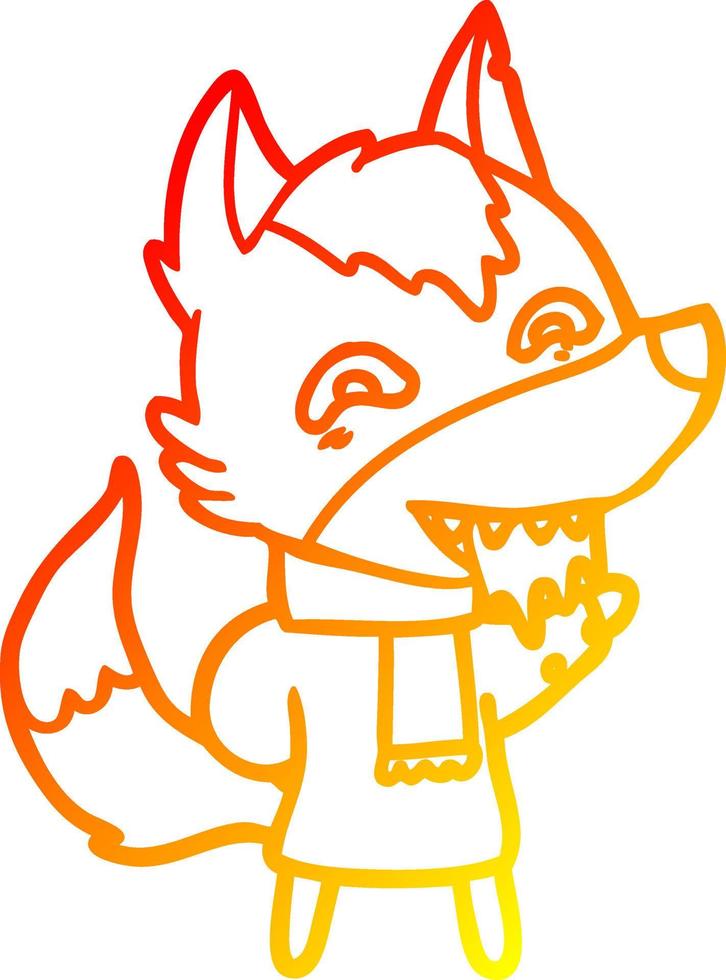 warm gradient line drawing cartoon hungry wolf in winter clothes vector