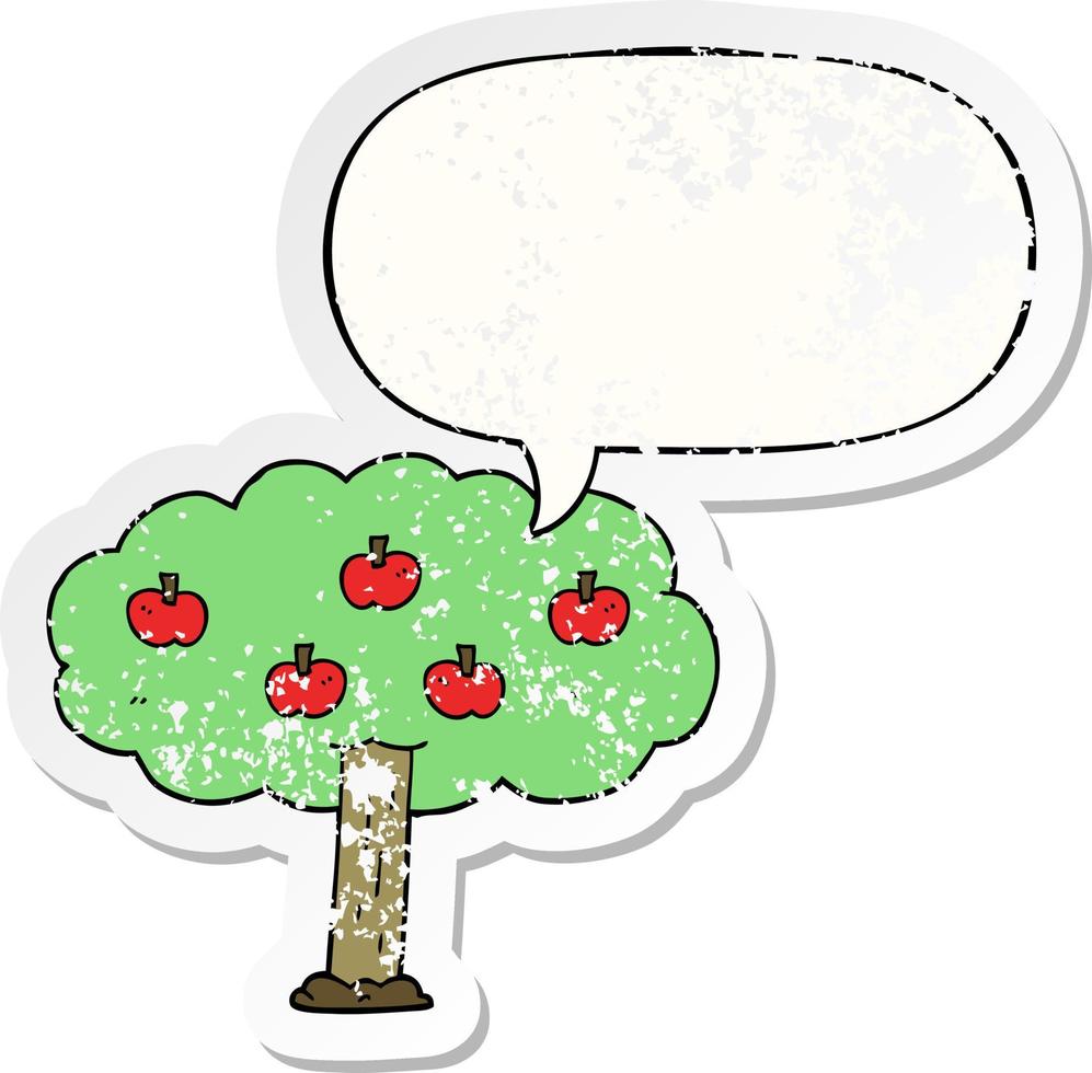 cartoon apple tree and speech bubble distressed sticker vector