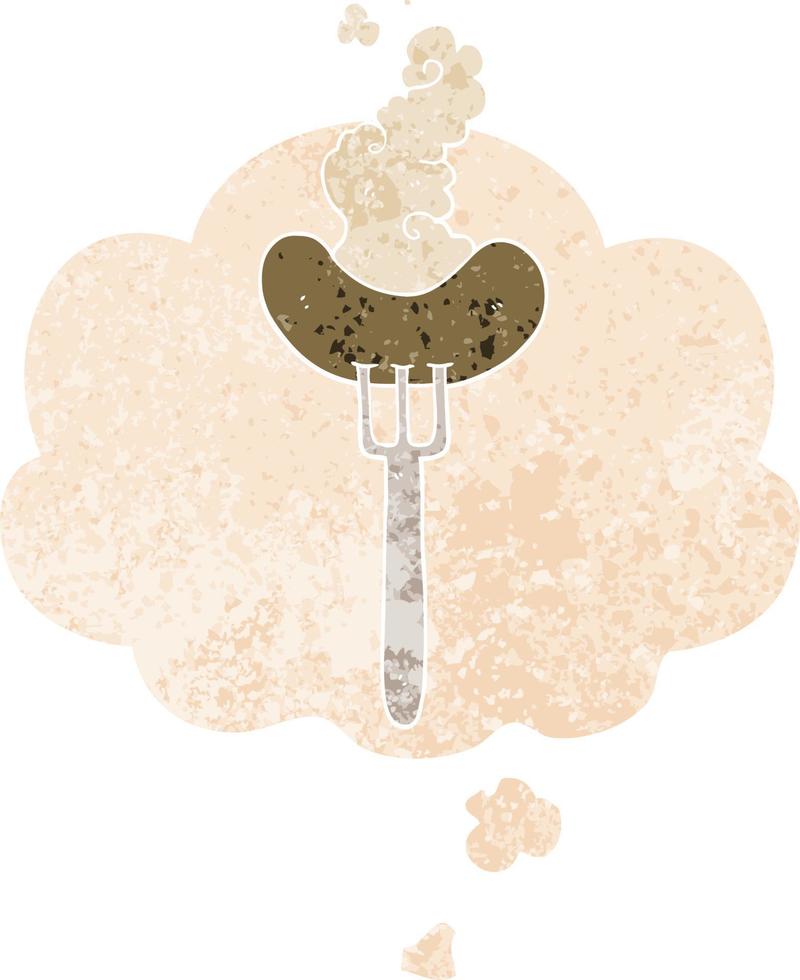 cartoon sausage on fork and thought bubble in retro textured style vector