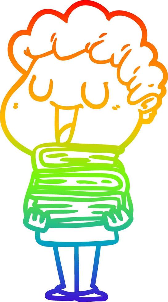 rainbow gradient line drawing laughing cartoon man with books vector