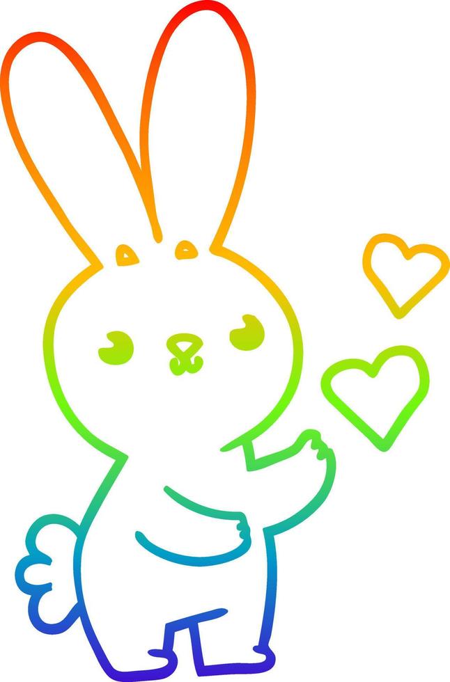 rainbow gradient line drawing cute cartoon rabbit with love hearts vector