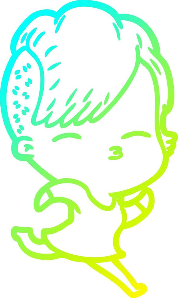 cold gradient line drawing cartoon squinting girl running vector