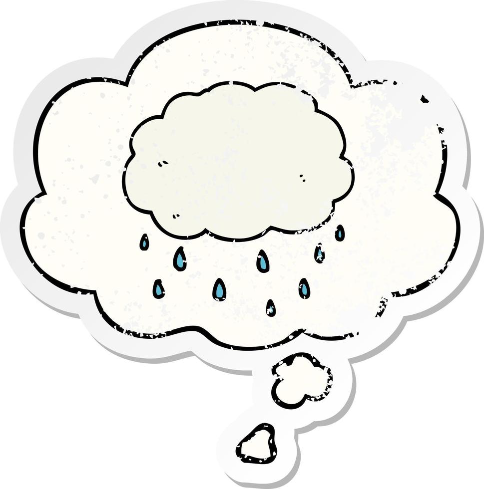 cartoon rain cloud and thought bubble as a distressed worn sticker vector