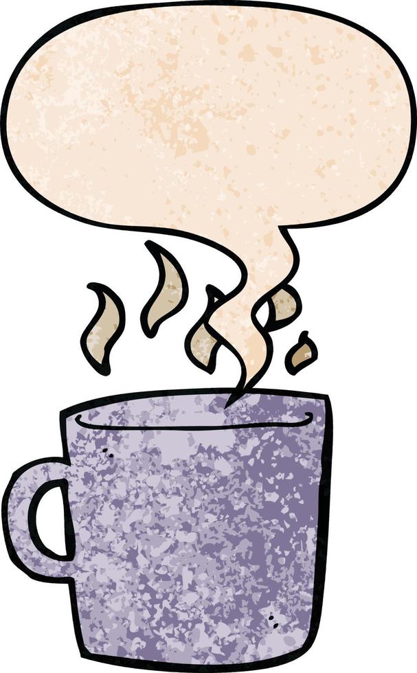 caricatura, taza caliente, de, café, y, burbuja del habla, en, retro, textura, estilo vector