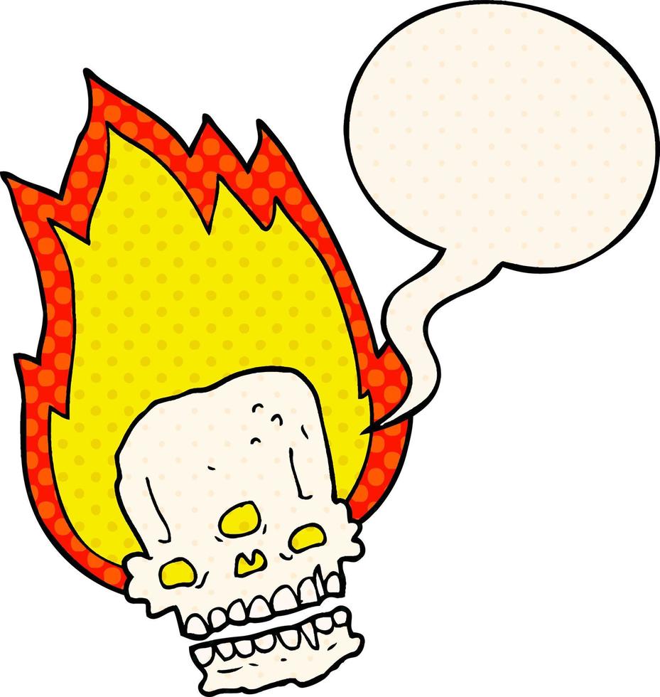 spooky cartoon flaming skull and speech bubble in comic book style vector