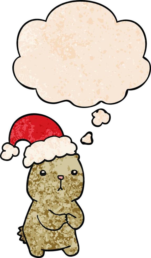 cartoon christmas bear worrying and thought bubble in grunge texture pattern style vector