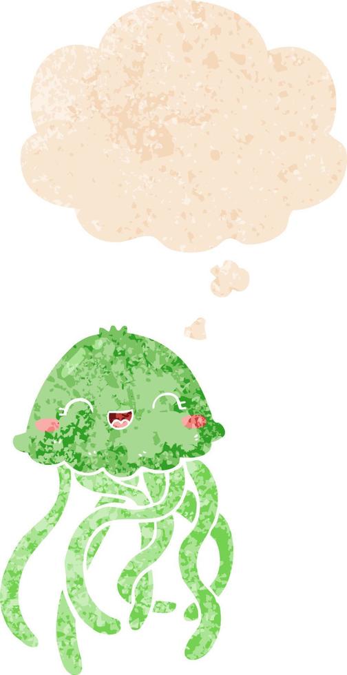 cute cartoon jellyfish and thought bubble in retro textured style vector