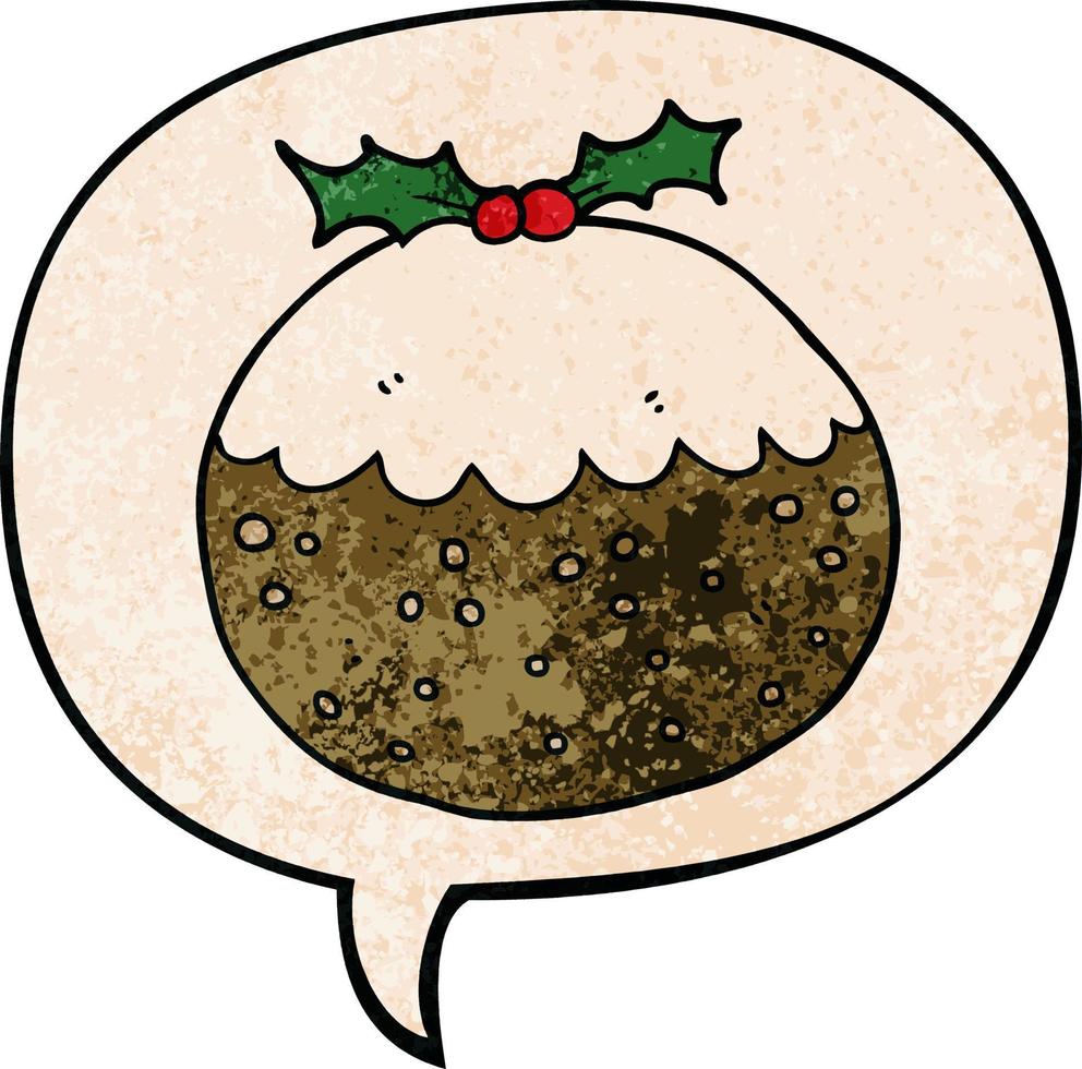 cartoon christmas pudding and speech bubble in retro texture style vector