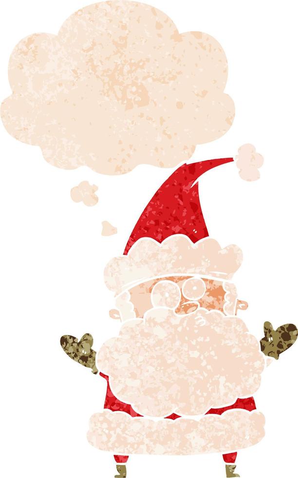 cartoon confused santa claus and thought bubble in retro textured style vector