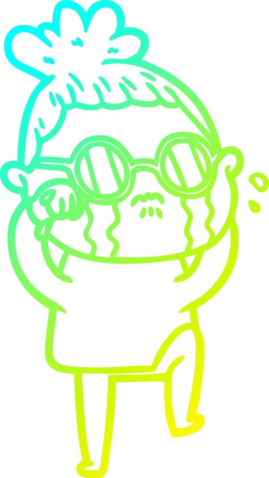 cold gradient line drawing cartoon crying woman wearing spectacles vector