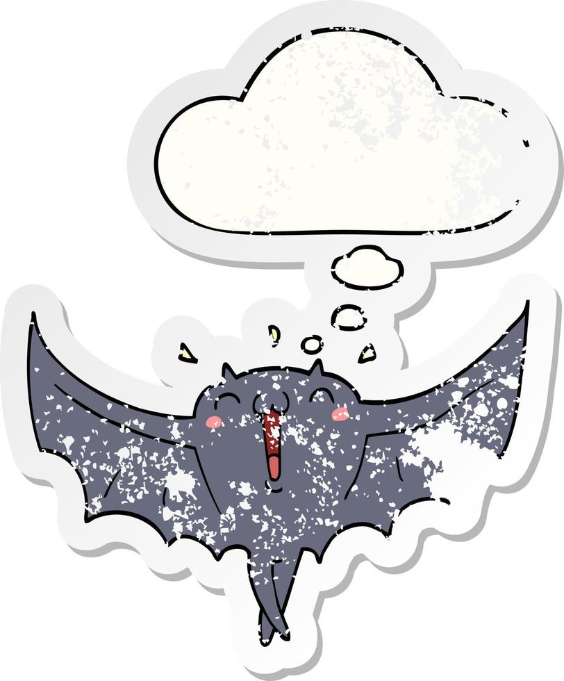 cartoon happy vampire bat and thought bubble as a distressed worn sticker vector
