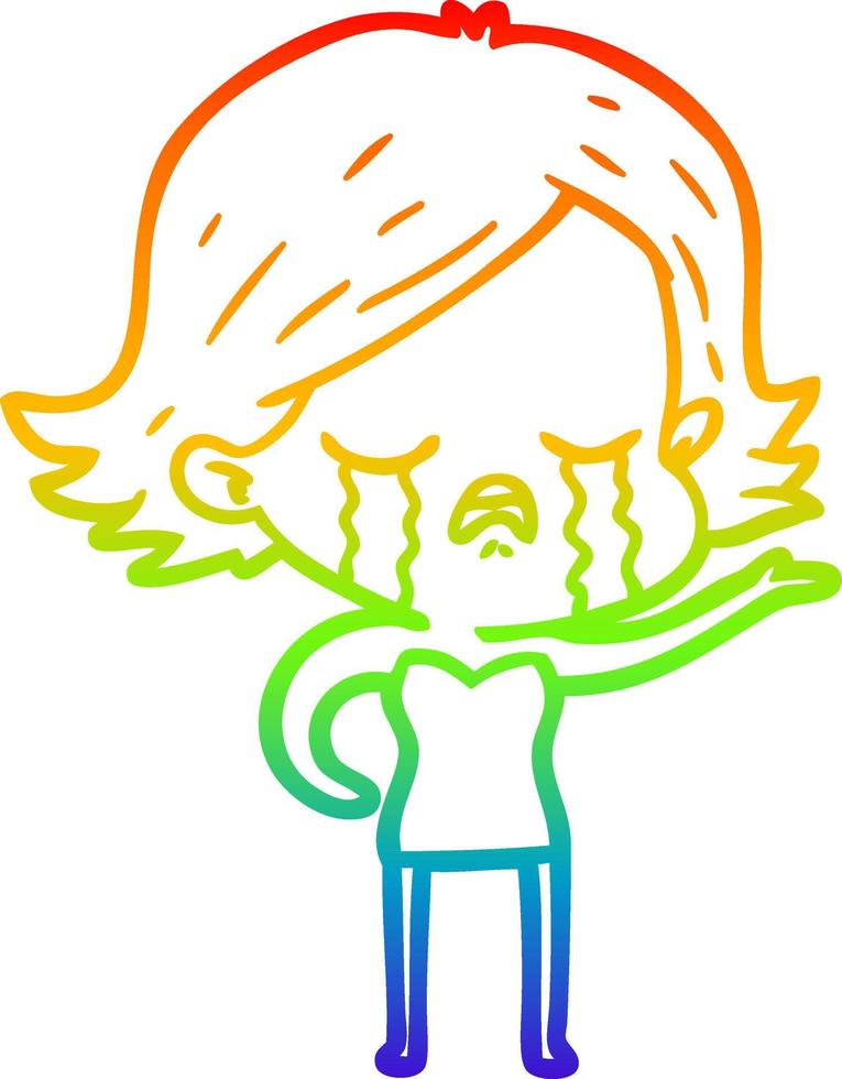 dibujo de línea de gradiente de arco iris niña de dibujos animados llorando vector