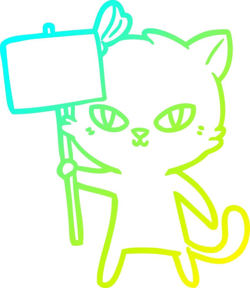 cold gradient line drawing cute cartoon cat with protest sign vector