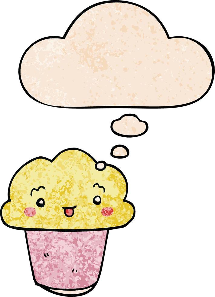 cartoon cupcake with face and thought bubble in grunge texture pattern style vector