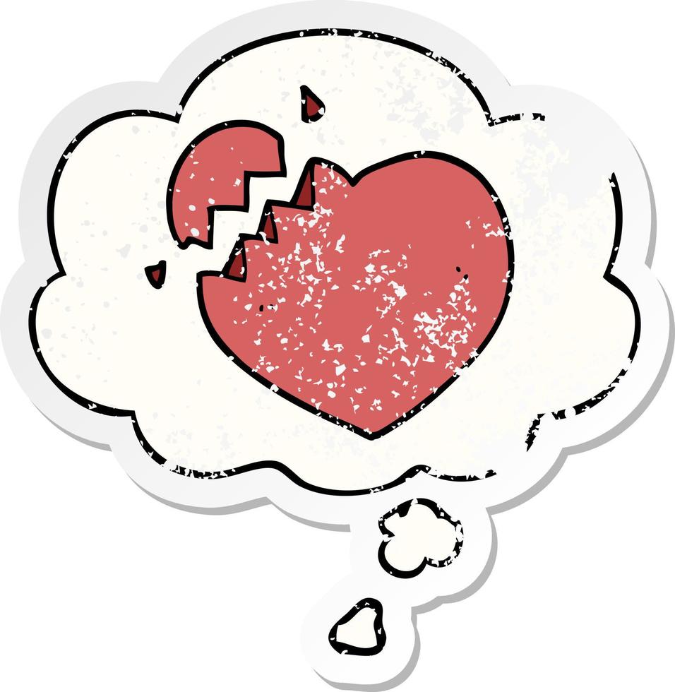 cartoon broken heart and thought bubble as a distressed worn sticker vector