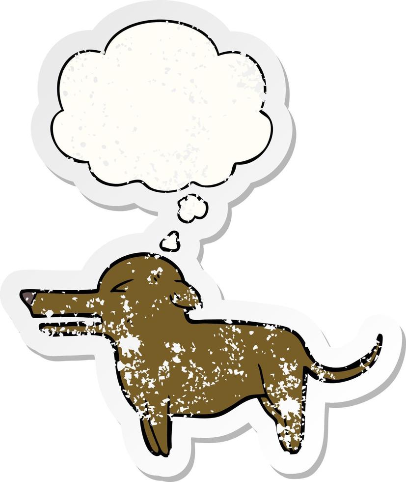 cartoon dog and thought bubble as a distressed worn sticker vector