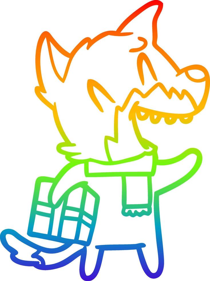 rainbow gradient line drawing laughing christmas fox cartoon vector