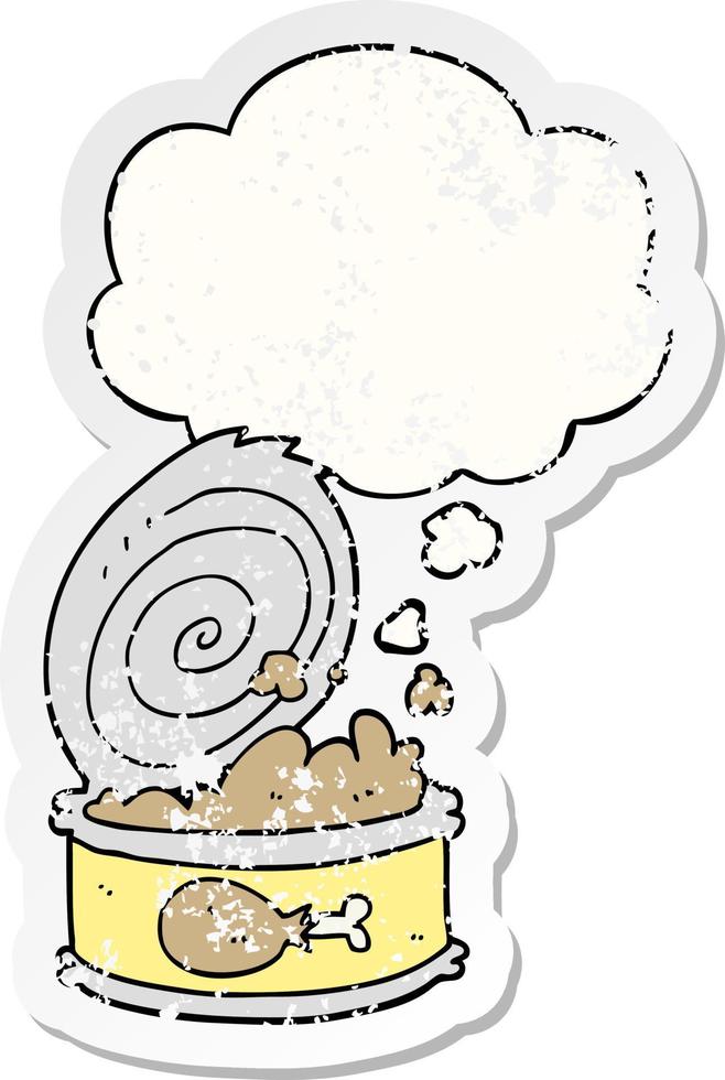 cartoon canned food and thought bubble as a distressed worn sticker vector