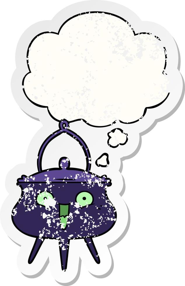 halloween cauldron cartoon and thought bubble as a distressed worn sticker vector